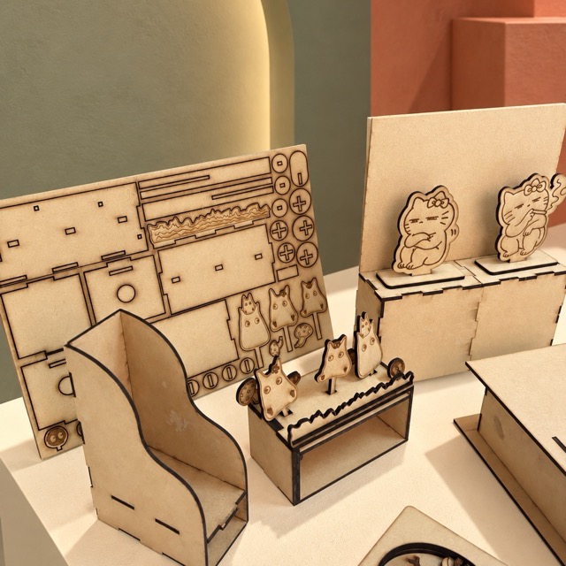 組裝模型：招財貓微型木作展示組
