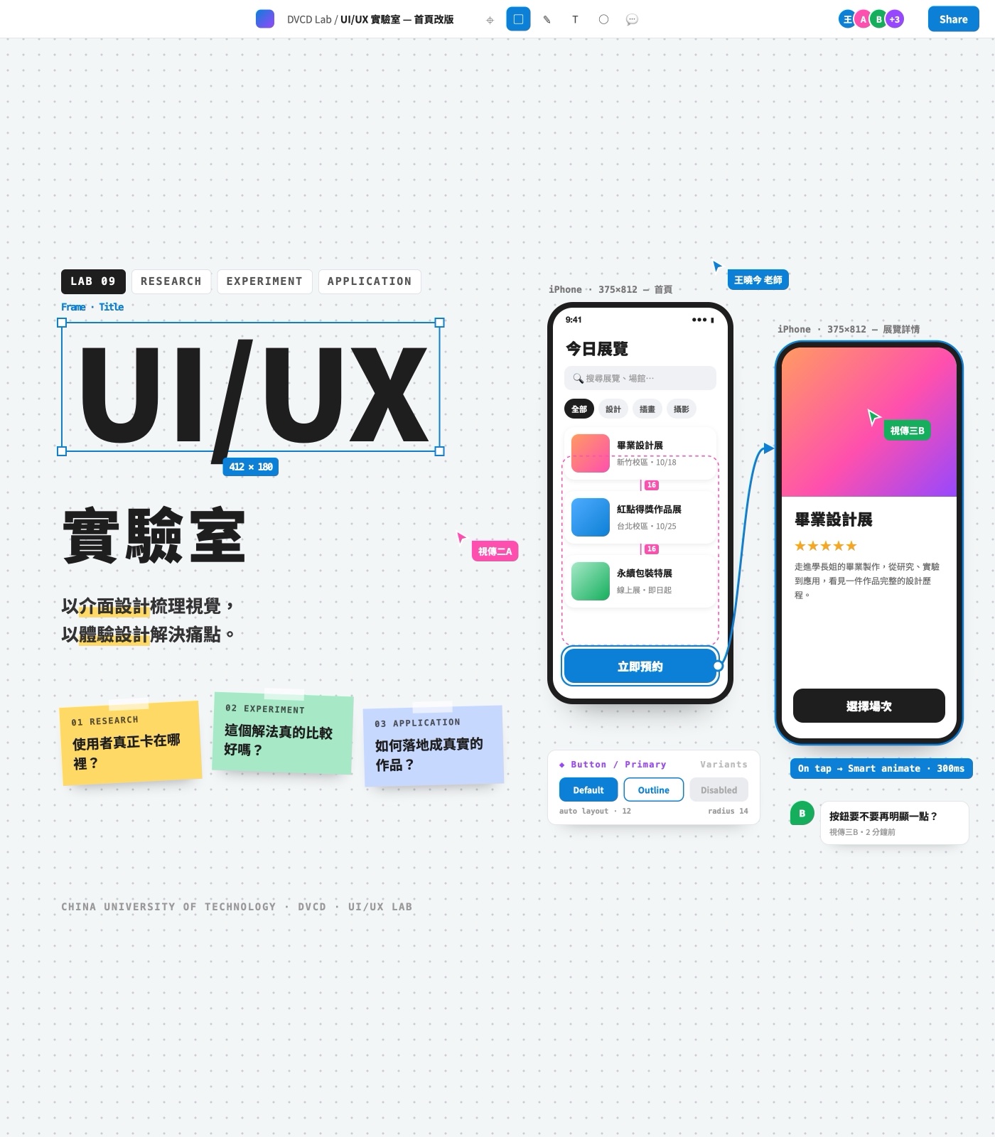 UI/UX 實驗室主視覺：Figma 協作畫布、手機原型連線與研究・實驗・應用便利貼